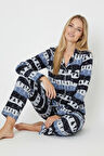Luxury Soft Lacivert Çam Ağacı Desenli Uzun Kollu Kadın Pijama Takımı – 3048