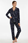 Luxury Soft Lacivert Kar Tanesi Desenli Uzun Kollu Kadın Pijama Takımı – 3059