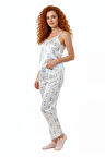 Altı Uzun Üstü Askılı Yumuşak Mavi Kalp Desenli Pijama Takımı Beyaz