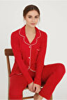 Luxury Viscose Kırmızı Puantiye Desenli Kadın Uzun Kollu Pijama Takımı – 42563