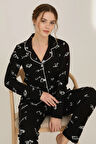 Luxury Viscose Siyah Love ve Kalp Desenli Kadın Uzun Kollu Pijama Takımı – 42572