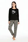 Üstü Yazılı Altı Desenli Elite Viscose Uzun Pijama Takımı Siyah 3557