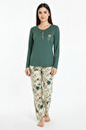 Üstü Yazılı Altı Yaprak Desenli Elite Viscose Uzun Pijama Takımı Yeşil 3565