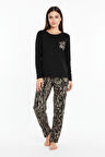 Üstü Yazılı Altı Kahverengi Zebra Desenli Elite Viscose Uzun Pijama Takımı Siyah 3553