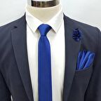 Brianze Saks Mavi Kravat Mendil Yaka Çiçeği Set KMD-3