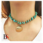 Damarlı Turkuaz Doğal Taş Deniz Kabuğu Kadın Kolye