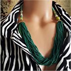 Turkuaz & Akik & Yeşil Mat Boncuk Kadın Retro Kolye