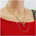 Altın Kaplama Çok Sıralı Kadın Nazar Boncuklu Zincir Kolye