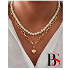 Altın Kaplama Zincir & Kalp Kolye Ucu & İnci Kadın Kolye