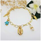 Turkuaz Doğal Taş & Altın Kaplama Deniz Kabuğu & Bakla Zincir Kadın Halhal