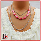 Pembe Boncuk Dorika Aparat Çok Sıralı Kadın Kolye