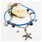 Havlit Doğal Taş & Mavi Kesma Boncuk Kadın Yıldız - Deniz Kabuğu Halhal