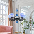 DEDE BEŞ KOLLU ZAMAK AVİZE SİYAH MAVİ ÇİZGİLİ BEYAZ CAMLI MAVİ ÇİNİLİ