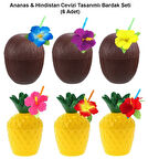 Ananas Hindistan Cevizi Tasarımlı Pipetli Bardak Seti (6 Adet)