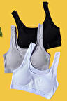Kadın Fitilli Siyah-Beyaz-Gri Kalın Askılı Çıkarılabilir Pedli Büstiyer Yarım Atlet 3 Adet