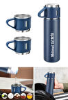 Kişiye Özel Paslanmaz Çelik Termos 3 Bardaklı Termos Seti Vakumlu Kamp Termos Set Lacivert