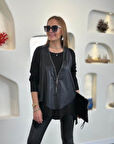 Kadın Uzun Kollu Asimetrik Kesim Viskon Bluz Ve çatlak Deri Görünümlü Yelek Ikili Takım