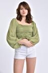 Modkofoni Uzun Kollu Yaka ve Sırt Detaylı Yeşil Kadın Bluz