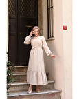 Krep Kumaş Omuz Fırfırlı Elbise Ekru-761