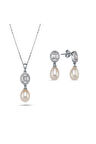 14 Ayar Altın 8 mm Oval Baget Taşlı Doğal İnci Sallantı Küpe Kolye İkili Set
