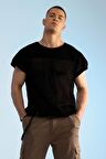 Kısa Kol Yuvarlak Yaka Delikli Triko Tişört-Siyah-M