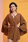 %100 Pamuk Volanlı Kuşaklı Kimono-Kahve-S