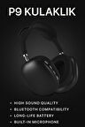 P9 Bluetooth 5.0 Kablosuz Siyah Kulaklık Mikrofonlu Uzun Pil Yüksek Bass ANC