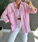 BYB Pembe büyük çift cepli keten gömlek