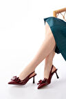 İNF-4501 Bordo Rugan Günlük Arkası Açık Fiyonklu Topuklu Kadın Ayakkabı