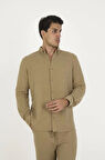 Düğmeli Tam Kalıp Uzun Kol Jakar Gömlek - Kahverengi