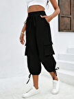 Kadın Yüksek Bel Beli Lastikli Bağcıklı Cepli Kargo Viskon Iki Iplik Pantolon