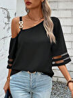 Kadın Askılı Asimetrik Kesim Kol Ve Yaka Kolda Tül Ve Aksesuar Detaylı Janjan Krep Bluz
