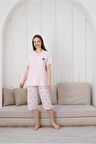 GLİSA Pembe Önden 2 Düğmeli Viskon Kumaş Kısa Kollu Kaprili Kadın Pijama Takımı 6031-P