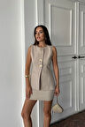 KLASİK GOLD DÜĞMELİ YELEK - KISA ETEK TAKIM - Bej