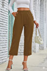 Kadın Beli Lastikli Düğme Ve Cep Detaylı Kapri Ithal Keten Pantolon