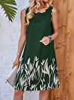 Kadın Askılı Yuvarlak Yakalı Yaprak Desenli Dalgıç Elbise
