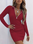 Kadın Uzun Kollu önden Fermuarlı Mini Kaşkorse Elbise