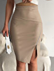 Kadın Fermuarlı Deri Kumaş Mini Etek