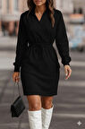 Kadın Uzun Kollu V Yakalı Kapşonlu Cep Detaylı şardonlu Iki Iplik Kısa Elbise