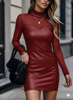 Kadın Uzun Kollu Balıkçı Yaka Tül Detaylı Mini Deri Elbise