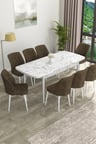 Eva Serisi 80x132 Açılabilir MDF Mutfak Masası Takımı Beyaz Masa 8 Kahverengi Sandalye