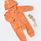 Kapişonlu Uzun Kollu Ceket & Pantolon KadifeTakım 6017 Mercan