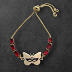 Kelebek Motifli Kırmızı Taş Detaylı ve 14 Ayar Altın Plakalı Bal Maske Sembollü Bileklik 