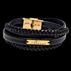  Özel Tasarım 14 Ayar Altın Plakalı, Dikdörtgen Motifli ve Siyah Deri Örgülü Berat Bilekliği