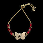 Özel Kelebek Figürlü 14 Ayar Altın Plakalı Zarif Kırmızı Taşlı C Harfli Bileklik