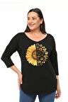 Büyük Beden Sun Flower Baskılı Geniş V Yaka Yarım Kol Oval Yırtmaç Bluz