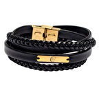 Göz Alıcı 14 Ayar Altın Plakalı, Siyah Deri Örgü Detaylı ve Dikdörtgen Motifli C Harfli Bileklik