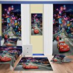 Disney yarışı Desenli Çocuk Odası Takım Perde (iki Kanat),Yatak Örtüsü,Yastık,Kırlent ,Halı,Tablo