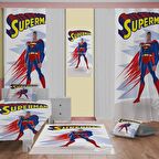 Superman Desenli Çocuk Odası Takım Perde (iki Kanat),Yatak Örtüsü,Yastık,Kırlent ,Halı,Tablo