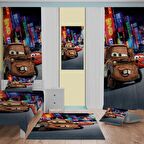 Cars Desenli Çocuk Odası Takım Perde (iki Kanat),Yatak Örtüsü,Yastık,Kırlent ,Halı,Tablo